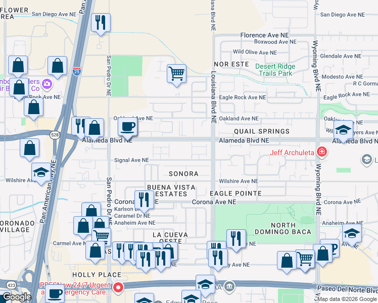 map of restaurants, bars, coffee shops, grocery stores, and more near 6604 Alameda Boulevard Northeast in Albuquerque