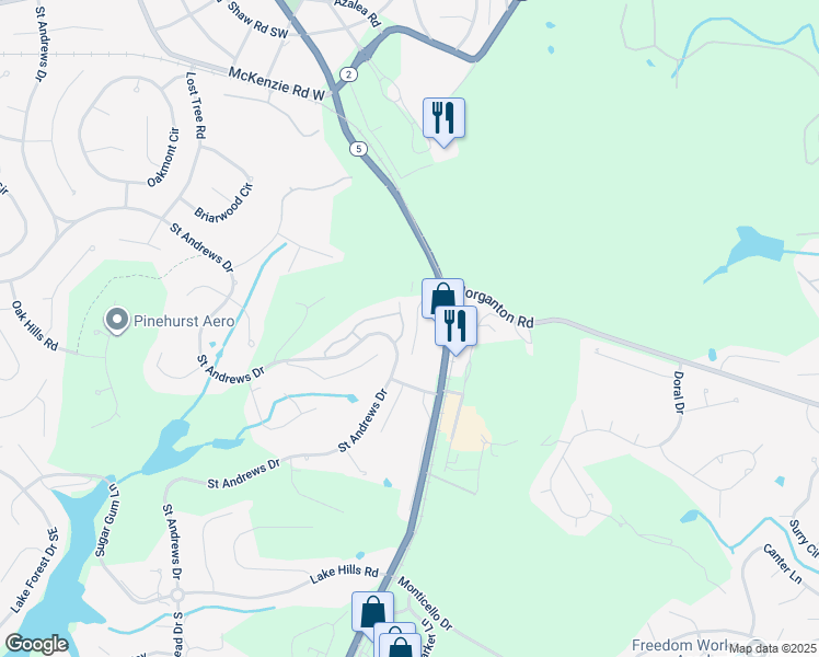 map of restaurants, bars, coffee shops, grocery stores, and more near 800 Saint Andrews Drive in Pinehurst