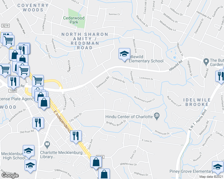 map of restaurants, bars, coffee shops, grocery stores, and more near 6607 Crab Orchard Court in Charlotte