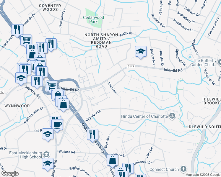 map of restaurants, bars, coffee shops, grocery stores, and more near 6510 Slatewood Road in Charlotte