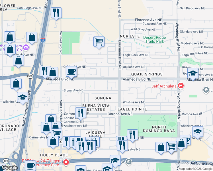 map of restaurants, bars, coffee shops, grocery stores, and more near 6604 Alameda Boulevard Northeast in Albuquerque