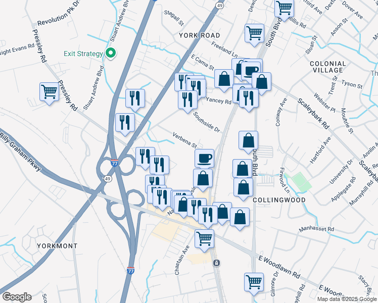 map of restaurants, bars, coffee shops, grocery stores, and more near 213 Verbena Street in Charlotte