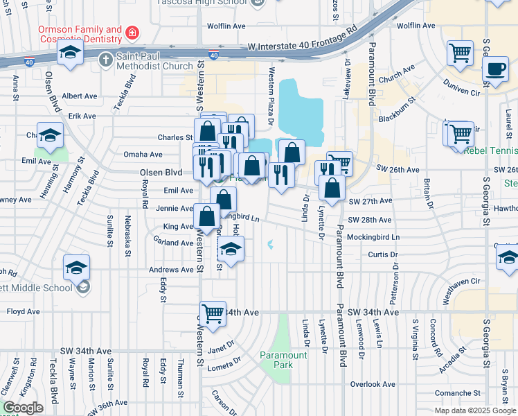 map of restaurants, bars, coffee shops, grocery stores, and more near 2800 Lometa Drive in Amarillo