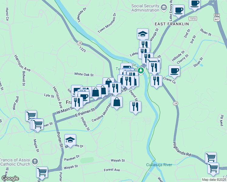 map of restaurants, bars, coffee shops, grocery stores, and more near 430 Northeast Main Street in Franklin