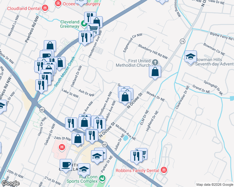 map of restaurants, bars, coffee shops, grocery stores, and more near 3007 Woodlawn Avenue Northwest in Cleveland