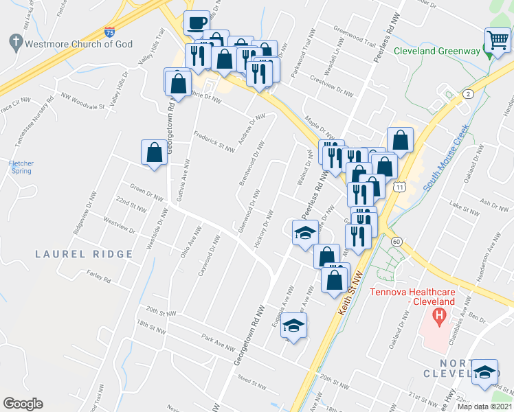 map of restaurants, bars, coffee shops, grocery stores, and more near 2212 Hickory View Drive in Cleveland