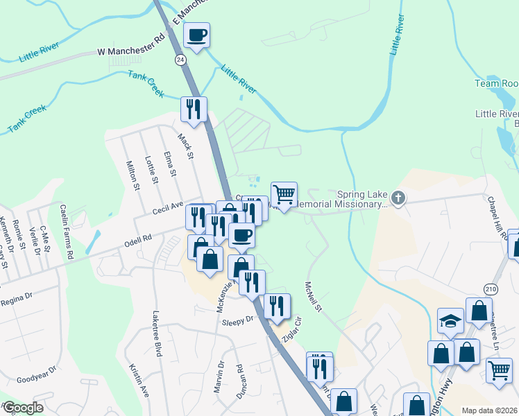 map of restaurants, bars, coffee shops, grocery stores, and more near 127-131 Chapel Hill Road in Spring Lake