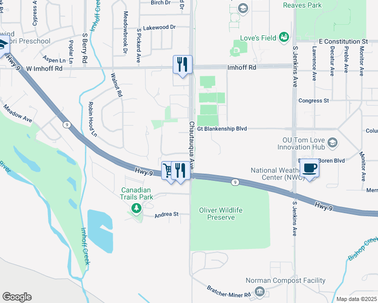 map of restaurants, bars, coffee shops, grocery stores, and more near 3322 Ridgecrest Circle in Norman