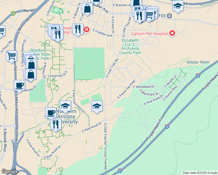 map of restaurants, bars, coffee shops, grocery stores, and more near 1210 South Lone Tree Road in Flagstaff