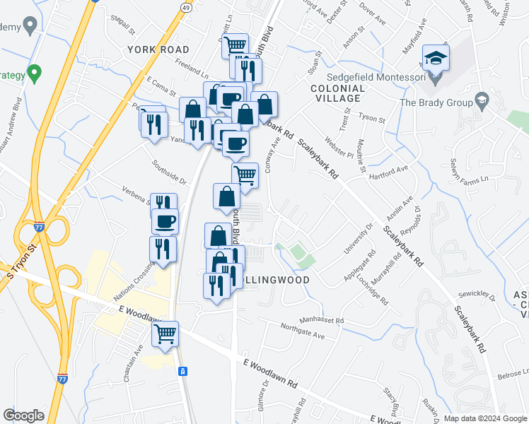 map of restaurants, bars, coffee shops, grocery stores, and more near 4042 Conway Avenue in Charlotte