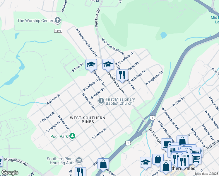 map of restaurants, bars, coffee shops, grocery stores, and more near 1043 West New York Avenue in Southern Pines