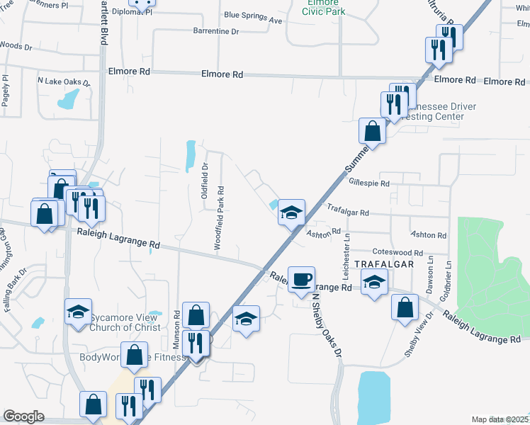 map of restaurants, bars, coffee shops, grocery stores, and more near 2135 Mangum Road in Memphis