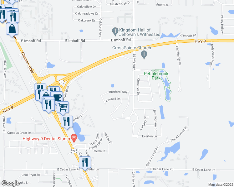 map of restaurants, bars, coffee shops, grocery stores, and more near 2308 Bretford Way in Norman