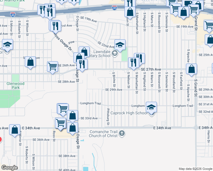 map of restaurants, bars, coffee shops, grocery stores, and more near 2810 Pittsburgh Street in Amarillo