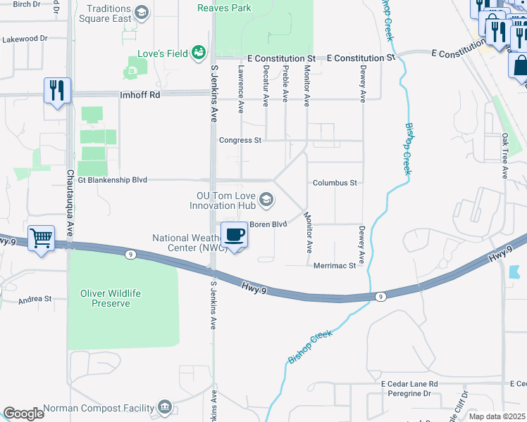 map of restaurants, bars, coffee shops, grocery stores, and more near 201 David L Boren Boulevard in Norman