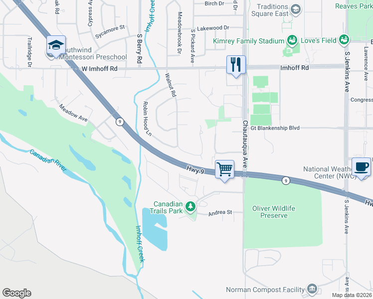 map of restaurants, bars, coffee shops, grocery stores, and more near 3127 Walnut Road in Norman