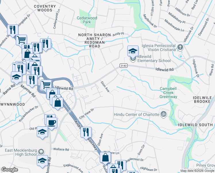 map of restaurants, bars, coffee shops, grocery stores, and more near 6510 Slatewood Road in Charlotte