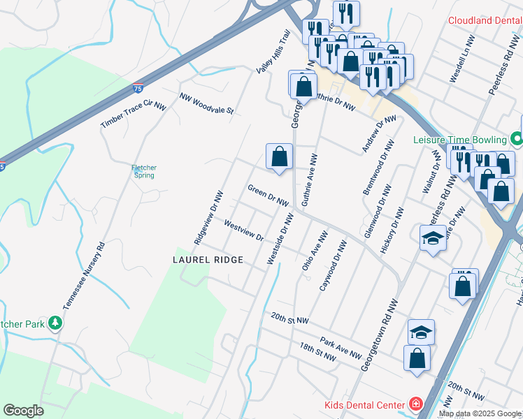 map of restaurants, bars, coffee shops, grocery stores, and more near 1845 Green Drive Northwest in Cleveland