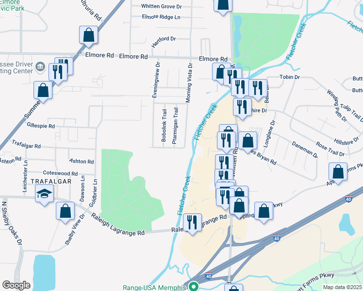 map of restaurants, bars, coffee shops, grocery stores, and more near 2142 Ptarmigan Trail in Memphis
