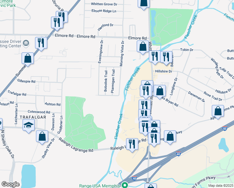 map of restaurants, bars, coffee shops, grocery stores, and more near 2142 Ptarmigan Trail in Memphis