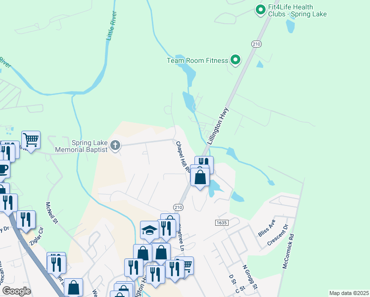 map of restaurants, bars, coffee shops, grocery stores, and more near 721 Chapel Hill Road in Spring Lake