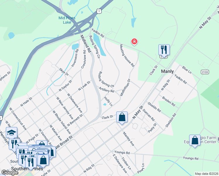 map of restaurants, bars, coffee shops, grocery stores, and more near 177 Boiling Spring Circle in Southern Pines
