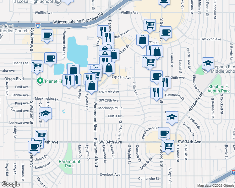 map of restaurants, bars, coffee shops, grocery stores, and more near 3110 Southwest 27th Avenue in Amarillo