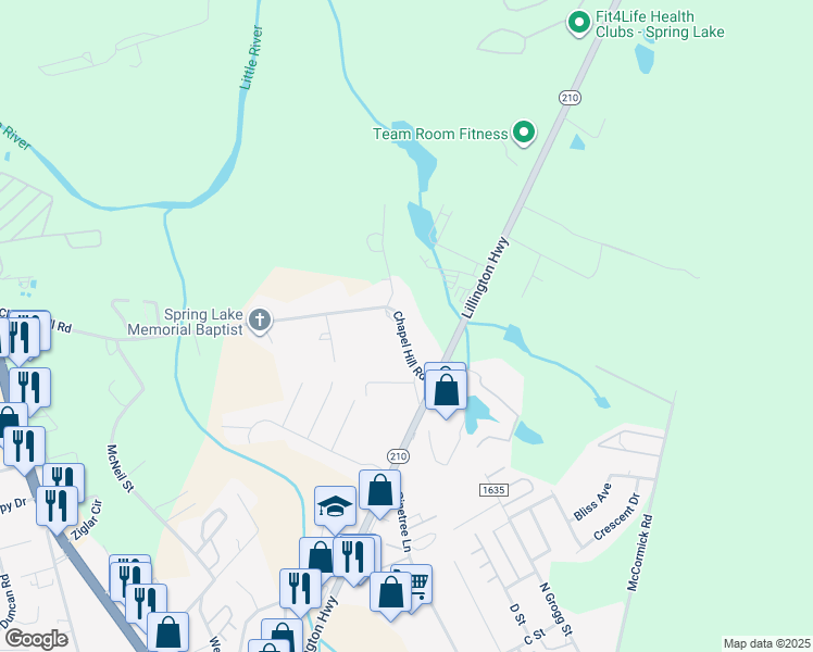 map of restaurants, bars, coffee shops, grocery stores, and more near 721 Chapel Hill Road in Spring Lake