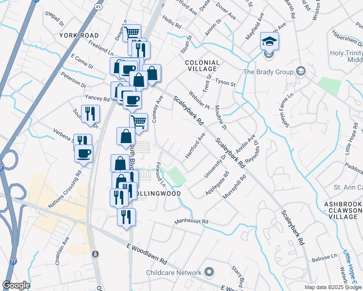 map of restaurants, bars, coffee shops, grocery stores, and more near 4135 Conway Avenue in Charlotte