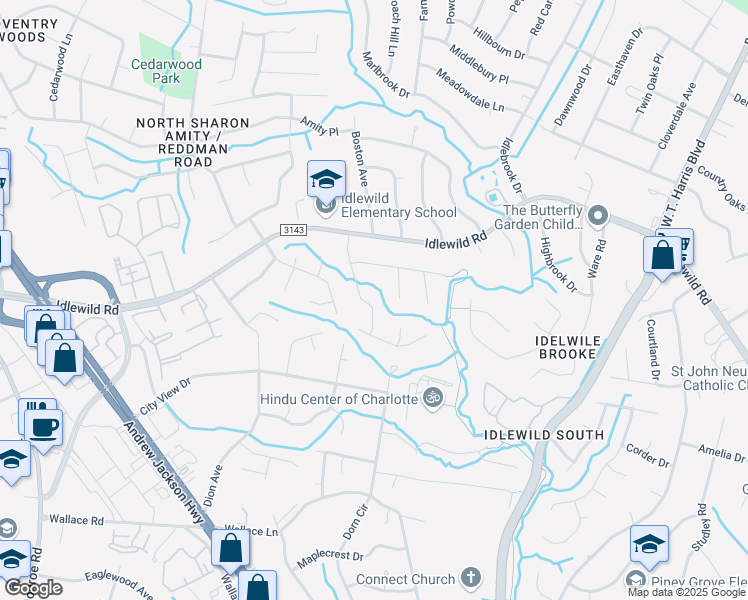 map of restaurants, bars, coffee shops, grocery stores, and more near 2724 Flintridge Drive in Charlotte