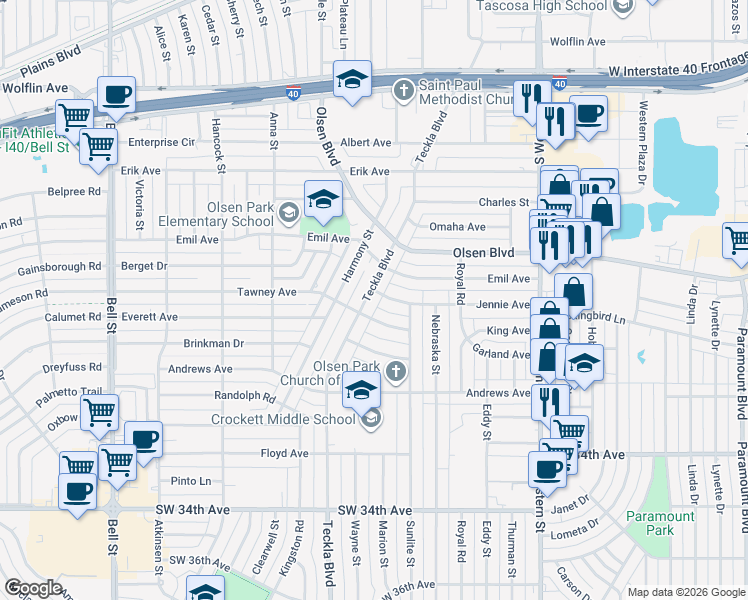 map of restaurants, bars, coffee shops, grocery stores, and more near 4406 Jennie Avenue in Amarillo