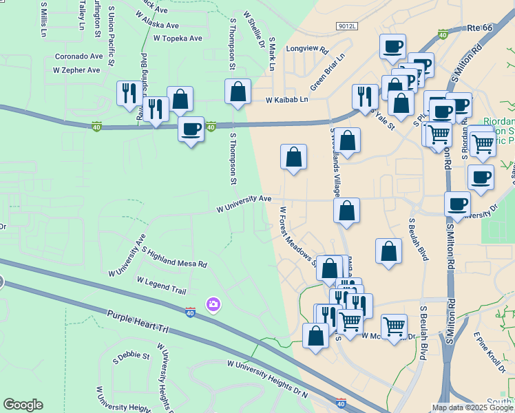 map of restaurants, bars, coffee shops, grocery stores, and more near 1573 West University Heights Drive North in Flagstaff