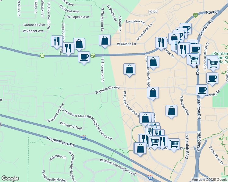 map of restaurants, bars, coffee shops, grocery stores, and more near 1573 West University Heights Drive North in Flagstaff