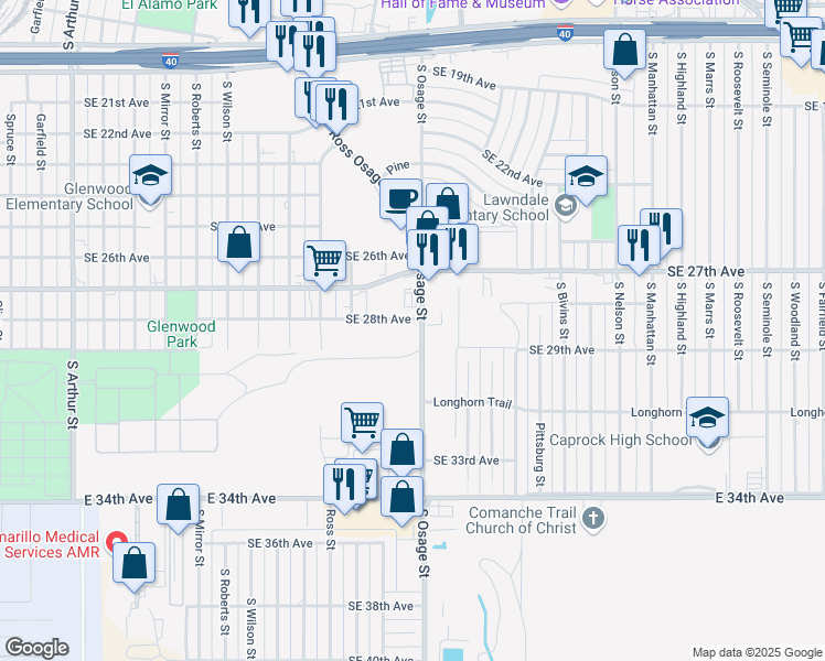 map of restaurants, bars, coffee shops, grocery stores, and more near 2800 South Osage Street in Amarillo