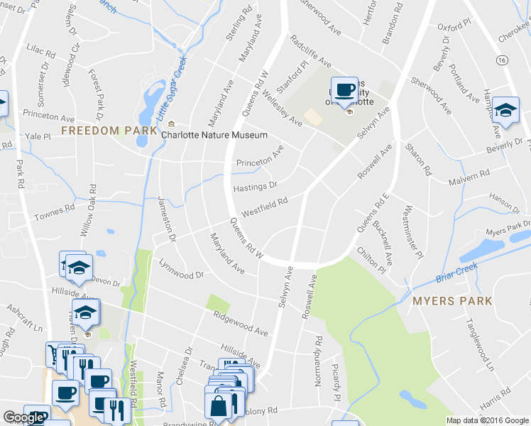 map of restaurants, bars, coffee shops, grocery stores, and more near 2405 Westfield Road in Charlotte