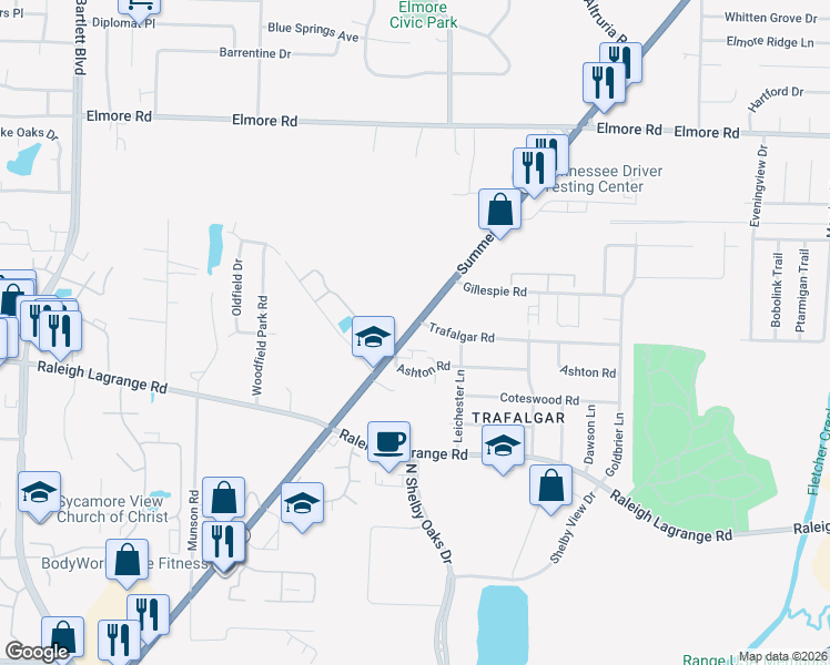 map of restaurants, bars, coffee shops, grocery stores, and more near 6203 Summer Avenue in Memphis
