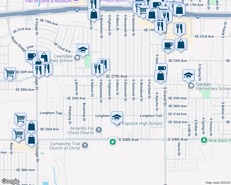 map of restaurants, bars, coffee shops, grocery stores, and more near 2720 South Marrs Street in Amarillo
