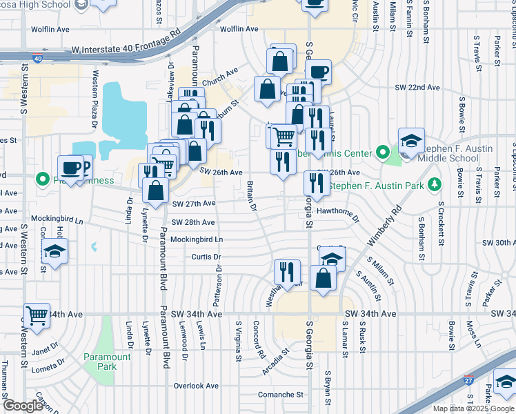 map of restaurants, bars, coffee shops, grocery stores, and more near 2815 Southwest 27th Avenue in Amarillo