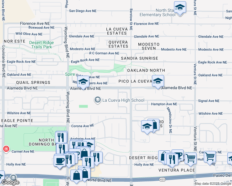 map of restaurants, bars, coffee shops, grocery stores, and more near 8735 Tierra Alegre Drive Northeast in Albuquerque