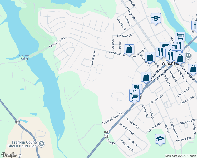 map of restaurants, bars, coffee shops, grocery stores, and more near 102 Troy Court in Winchester