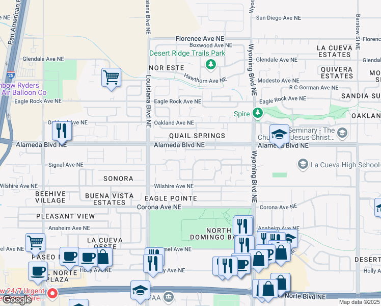 map of restaurants, bars, coffee shops, grocery stores, and more near 7208 Via Contenta Northeast in Albuquerque
