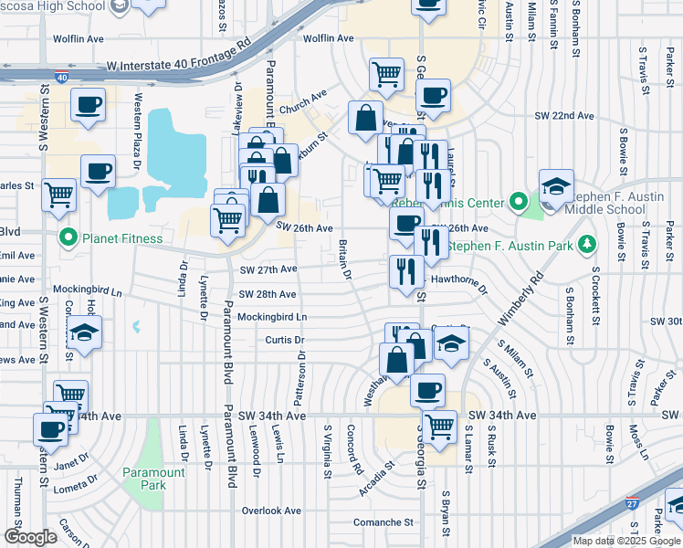 map of restaurants, bars, coffee shops, grocery stores, and more near 2815 Southwest 27th Avenue in Amarillo