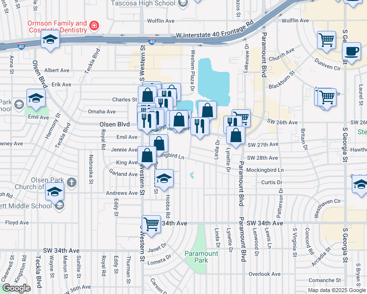map of restaurants, bars, coffee shops, grocery stores, and more near 2800 Lometa Drive in Amarillo
