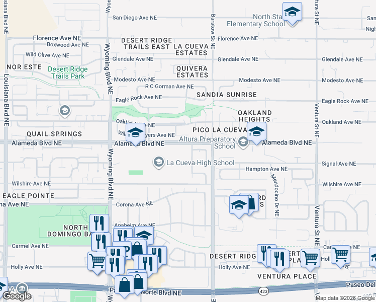map of restaurants, bars, coffee shops, grocery stores, and more near 8215 Tierra Linda Place Northeast in Albuquerque