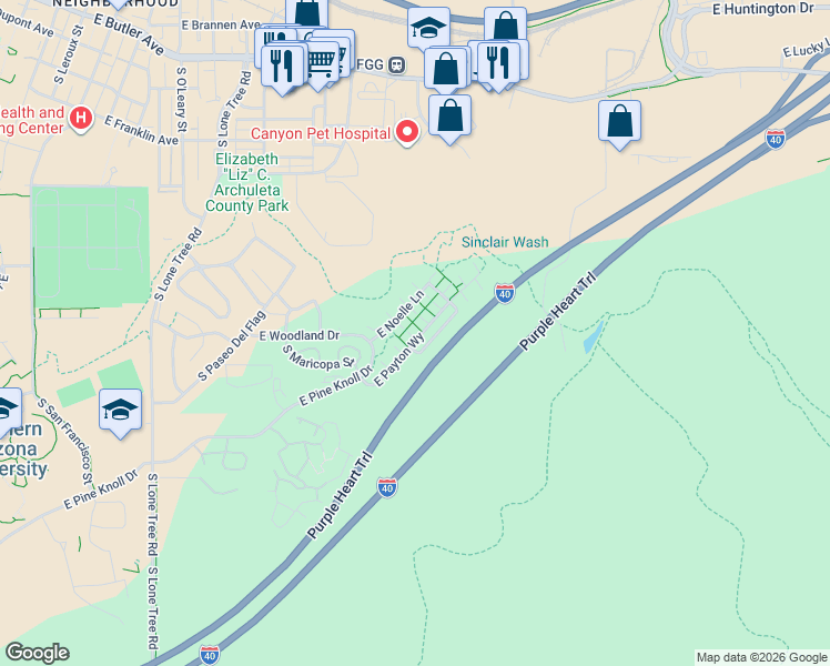 map of restaurants, bars, coffee shops, grocery stores, and more near 1471 East Payton Way in Flagstaff