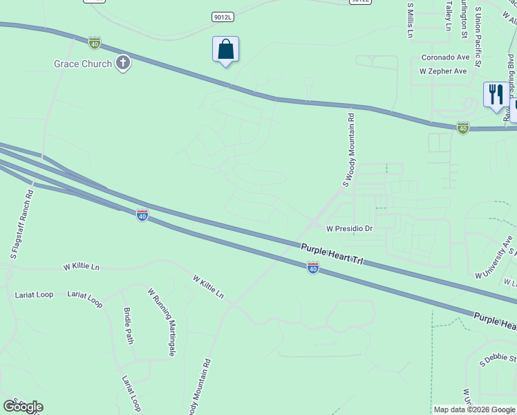 map of restaurants, bars, coffee shops, grocery stores, and more near Interstate 40 in Flagstaff