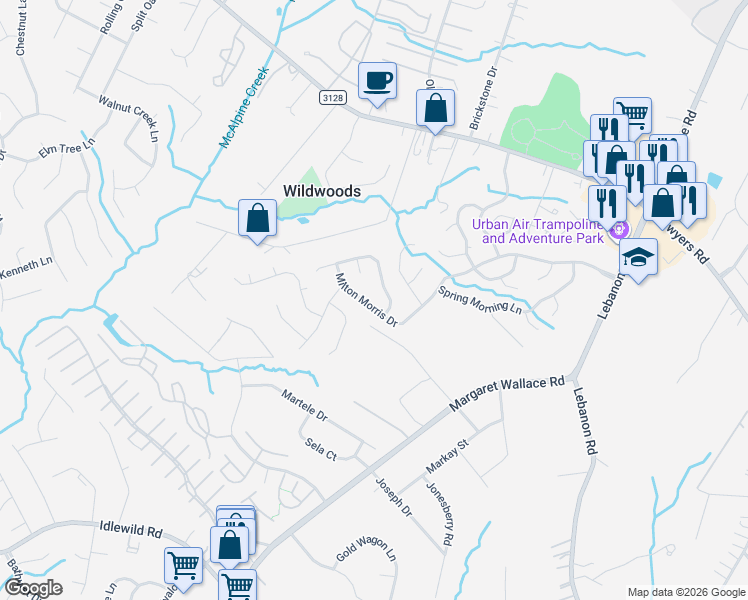 map of restaurants, bars, coffee shops, grocery stores, and more near 8505 Milton Morris Drive in Charlotte
