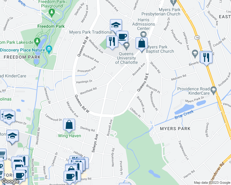 map of restaurants, bars, coffee shops, grocery stores, and more near 2243 Selwyn Avenue in Charlotte