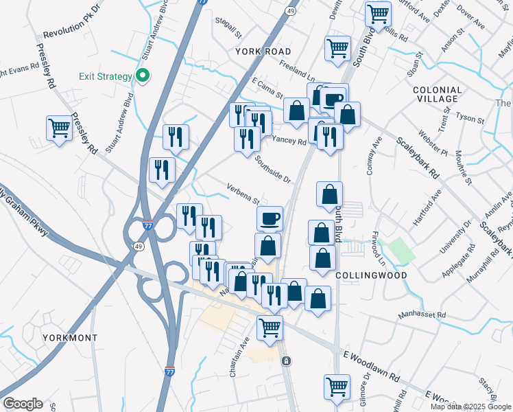 map of restaurants, bars, coffee shops, grocery stores, and more near 213 Verbena Street in Charlotte