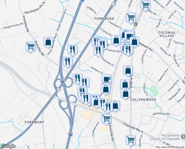 map of restaurants, bars, coffee shops, grocery stores, and more near 4609 Macie Street in Charlotte